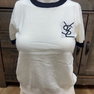 Knit Short Sleeve Sweater — Cream with Black Trim